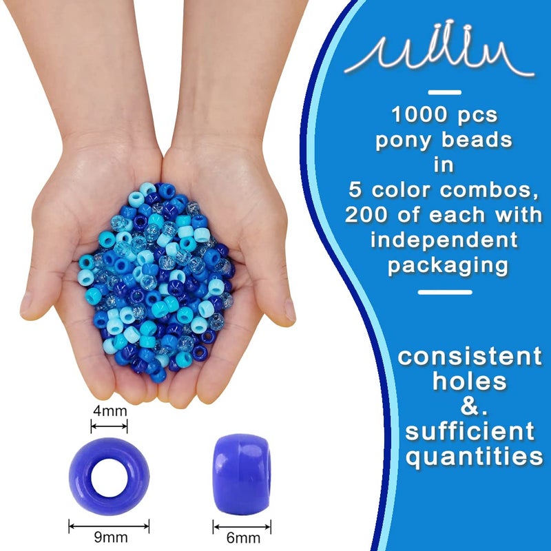 MIIIM 1000PCS 6x9mm Pony Beads Bulk  5 Styles Blue Pony Beads for Bracelets Making Kit  Kandi Beads  Hair Beads for Braids  Craft Beads for Jewelry Making (Blue) - Image 2